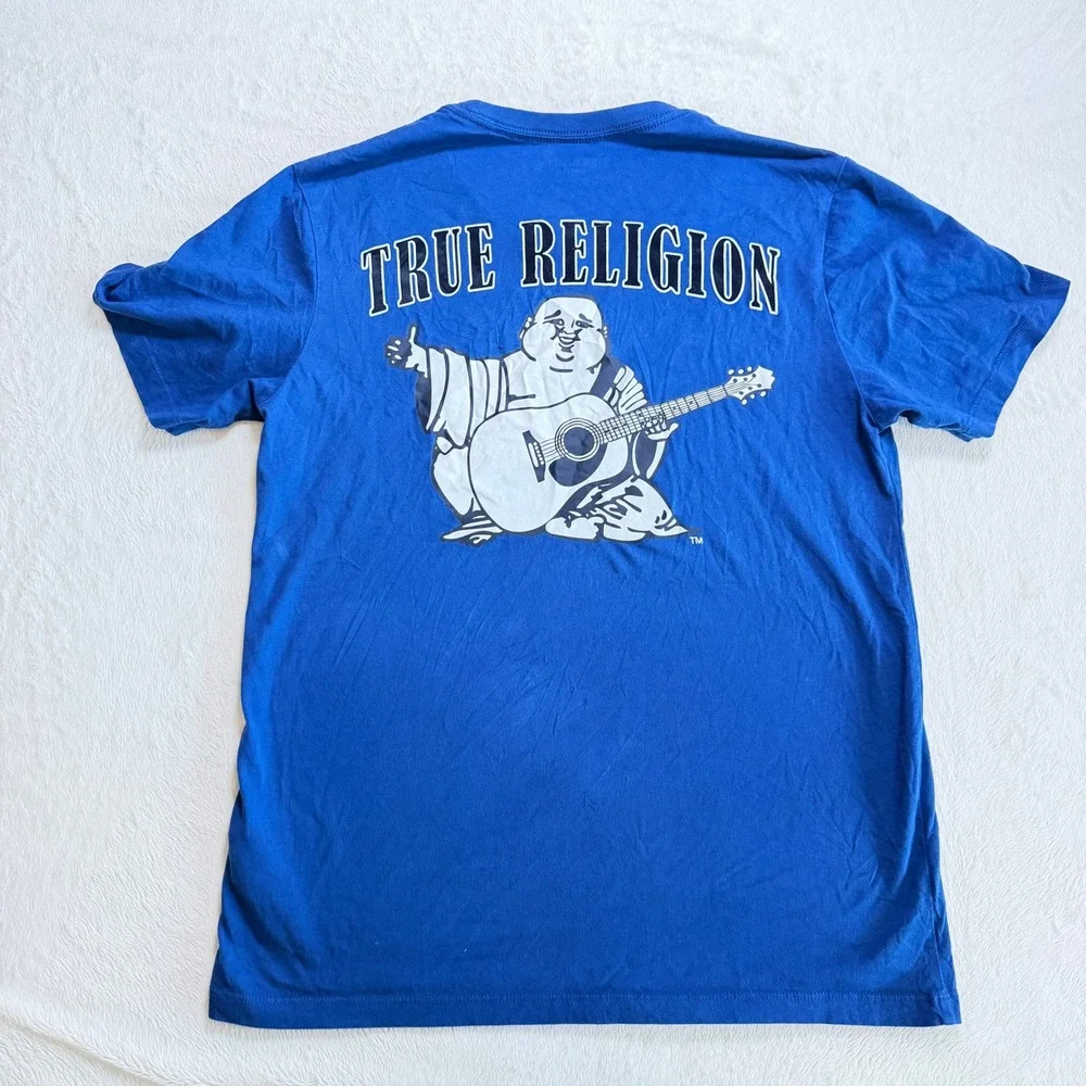 True Religion‎ T-Shirt Mens Small Blue Excellent Buddha Guitar Graphic Tee